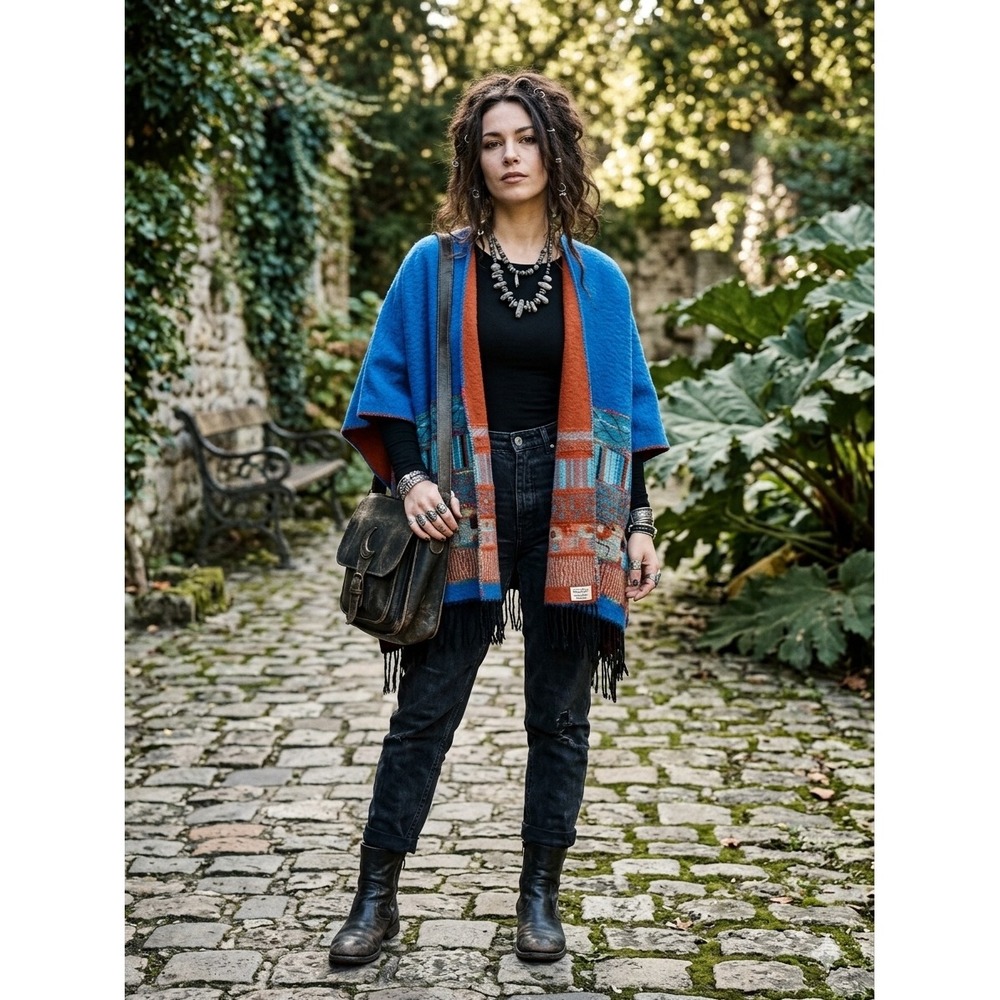 Vintage Boho Whimsygoth Geometric Fringe Poncho Wrap Womens OS Blue Rust France